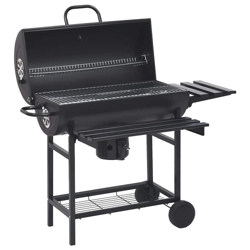 Barbecue per esterno a Barile con Ruote e Ripiani Acciaio Nero 115x85x95 cm