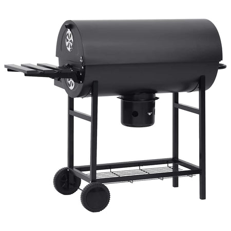 Barbecue per esterno a Barile con Ruote e Ripiani Acciaio Nero 115x85x95 cm