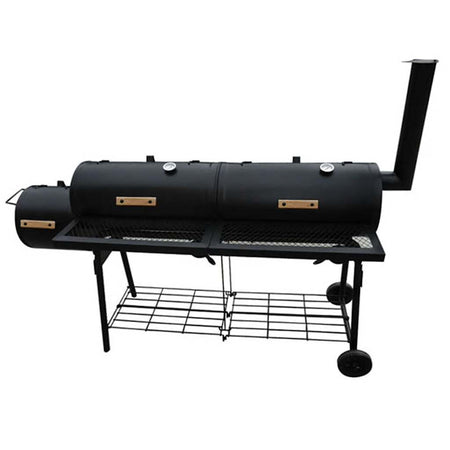 Barbecue con Affumicatore Nevada XL Nero Manici Legno Ruote e 2 ripiani