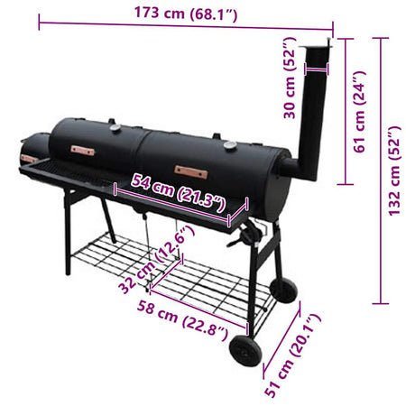 Barbecue con Affumicatore Nevada XL Nero Manici Legno Ruote e 2 ripiani