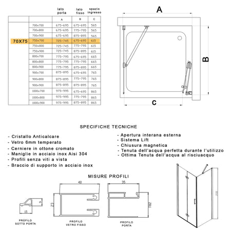 Porta Doccia 2 lati porta pieghevole e lato fisso H195cm 6mm REA