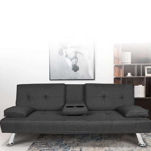 Divano 3Posti Letto Click Clack in Tessuto Grigio Scuro 156x82 H 78 cm con Cuscini