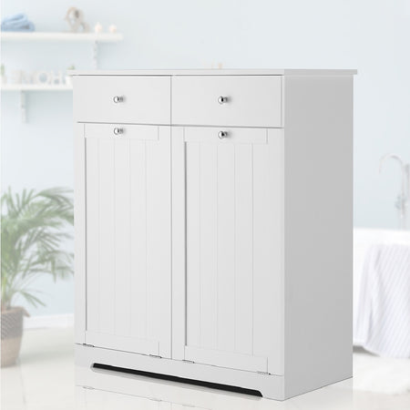 Mobiletto da Bagno 2Cassetti 2Portabiancheria Integrati 70x38 H 90cm Legno Bianco