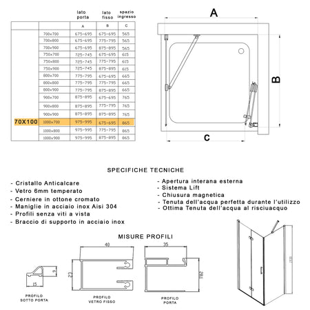 Porta Doccia 2 lati porta pieghevole e lato fisso H195cm 6mm REA