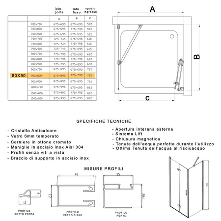 Porta Doccia 2 lati porta pieghevole e lato fisso H195cm 6mm REA