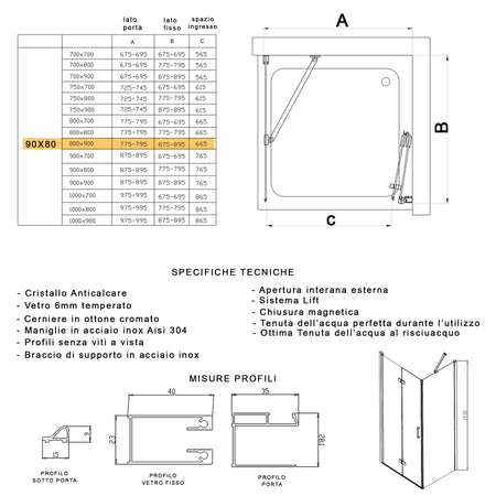 Porta Doccia 2 lati porta pieghevole e lato fisso H195cm 6mm REA