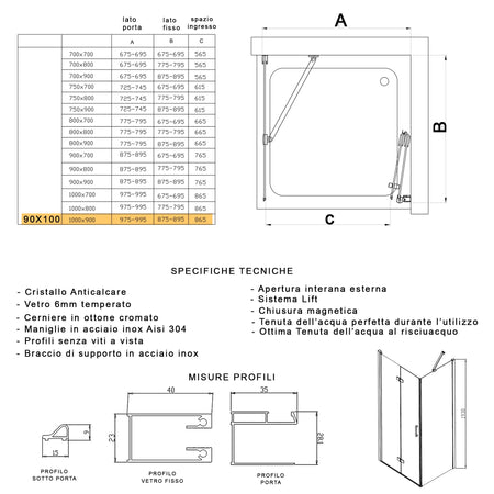 Porta Doccia 2 lati porta pieghevole e lato fisso H195cm 6mm REA