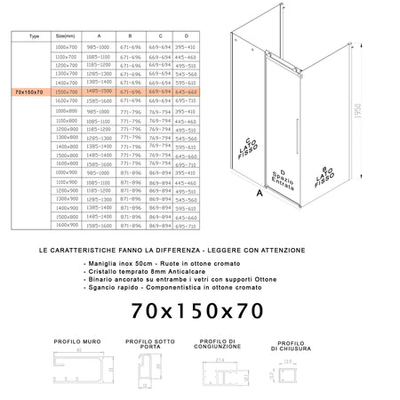 Box Doccia tre lati porta scorrevole trasparente H195cm 8mm anticalcare Euclide