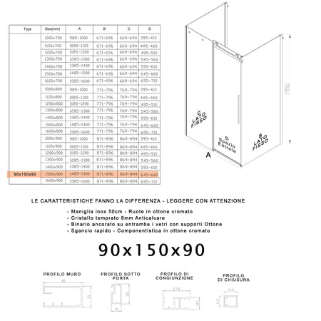 Box Doccia tre lati porta scorrevole trasparente H195cm 8mm anticalcare Euclide