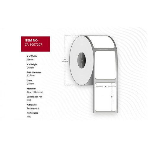 Capture CA-3007207 etichetta per stampante (Label 25 x 76mm, Core 25mm, - Direct Thermal, Coated, - Permanent, Perforated, 930 labels per roll, 12 rolls per box - Warranty: 12M)
