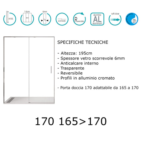 Porta doccia scorrevole trasparente SOFT CLOSE H195cm 6mm TWENTY