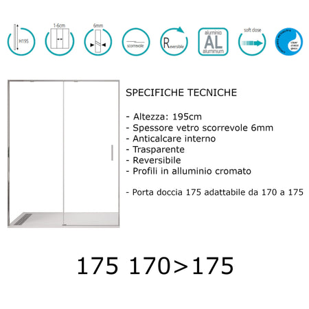 Porta doccia scorrevole trasparente SOFT CLOSE H195cm 6mm TWENTY