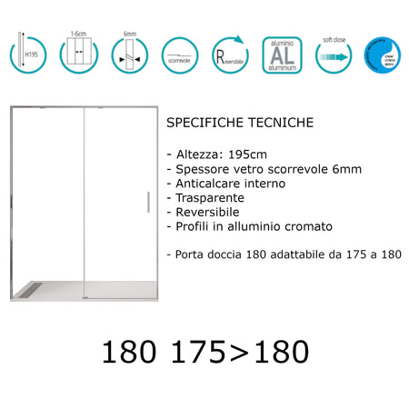 Porta doccia scorrevole trasparente SOFT CLOSE H195cm 6mm TWENTY