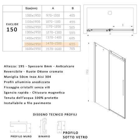 Porta doccia scorrevole trasparente H195 8mm anticalcare EUCLIDE