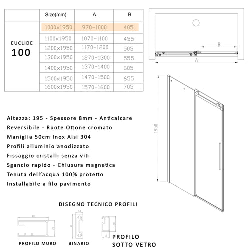 Porta doccia scorrevole trasparente H195 8mm anticalcare EUCLIDE