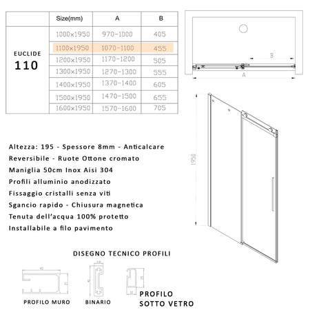 Porta doccia scorrevole trasparente H195 8mm anticalcare EUCLIDE