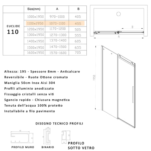 Porta doccia scorrevole trasparente H195 8mm anticalcare EUCLIDE