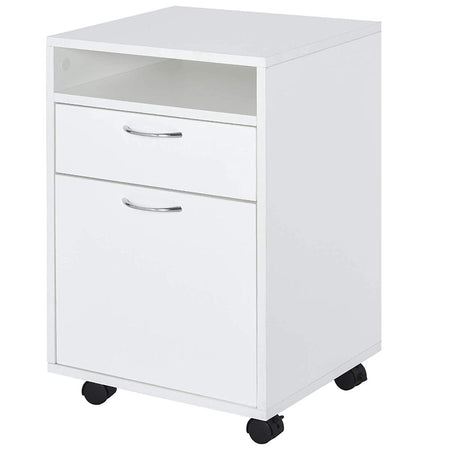 Cassettiera Ufficio Scrivania Legno MDF 1 Cassetto 1 Anta 4 Ruote 40x35x60cm Bianco