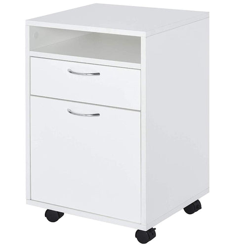 Cassettiera Ufficio Scrivania Legno MDF 1 Cassetto 1 Anta 4 Ruote 40x35x60cm Bianco