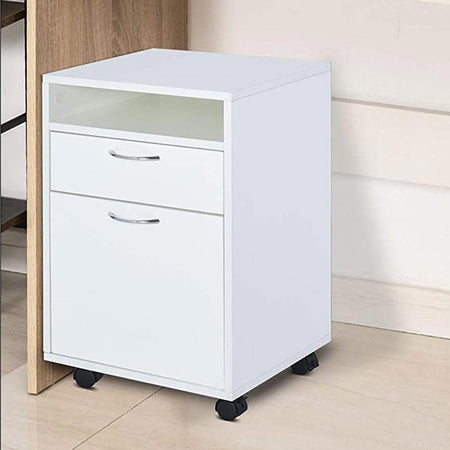 Cassettiera Ufficio Scrivania Legno MDF 1 Cassetto 1 Anta 4 Ruote 40x35x60cm Bianco