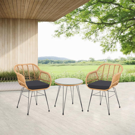 Set da Giardino Tavolino e 2 Poltrone in Rattan Nero e Naturale con Cuscini Casa Bar Hotel