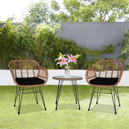 Set da Giardino Tavolino e 2 Poltrone in Rattan Nero e Naturale con Cuscini Casa Bar Hotel