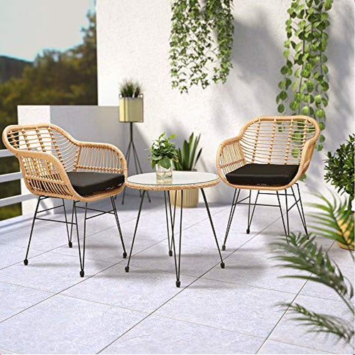 Set da Giardino Tavolino e 2 Poltrone in Rattan Nero e Naturale con Cuscini Casa Bar Hotel