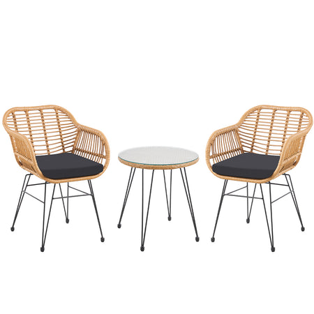 Set da Giardino Tavolino e 2 Poltrone in Rattan Nero e Naturale con Cuscini Casa Bar Hotel