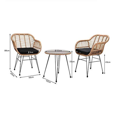 Set da Giardino Tavolino e 2 Poltrone in Rattan Nero e Naturale con Cuscini Casa Bar Hotel