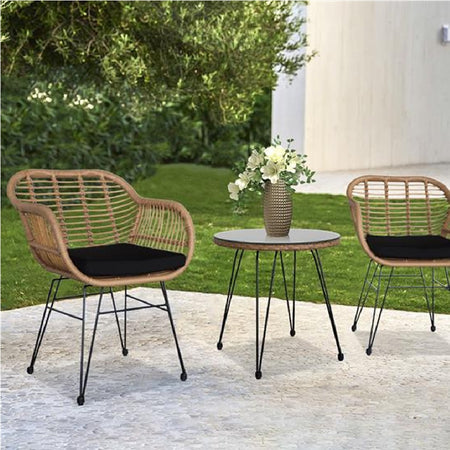 Set da Giardino Tavolino e 2 Poltrone in Rattan Nero e Naturale con Cuscini Casa Bar Hotel