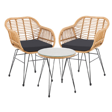 Set da Giardino Tavolino e 2 Poltrone in Rattan Nero e Naturale con Cuscini Casa Bar Hotel
