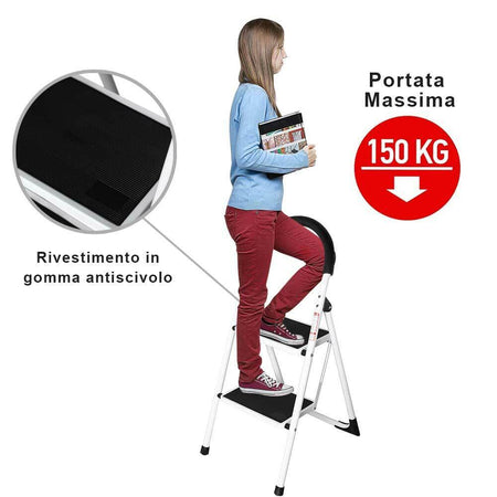 Scala Sgabello Pieghevole 2 Gradini Antiscivolo Metallo Verniciato max 150kg