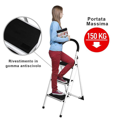 Scala Sgabello Pieghevole 3 Gradini Antiscivolo Metallo Verniciato max 150kg