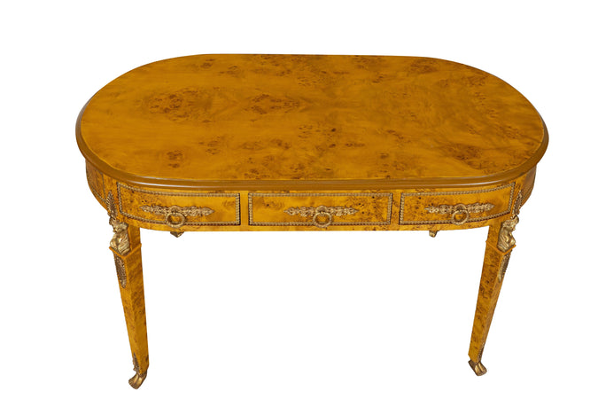 Biscottini Scrivania in legno impiallacciato finitura noce arricchita con intarsi e decori in bronzo totalmente realizzati a mano