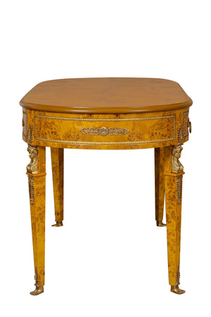 Biscottini Scrivania in legno impiallacciato finitura noce arricchita con intarsi e decori in bronzo totalmente realizzati a mano