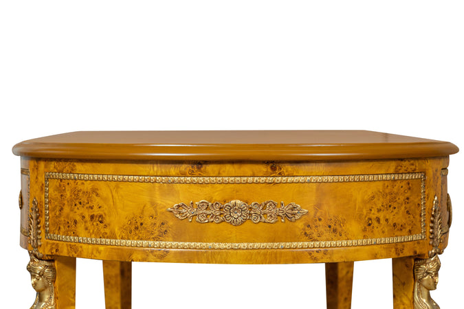 Biscottini Scrivania in legno impiallacciato finitura noce arricchita con intarsi e decori in bronzo totalmente realizzati a mano