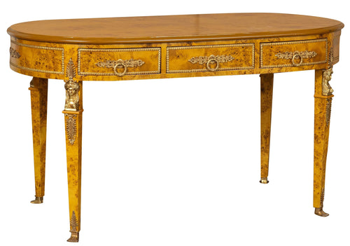 Biscottini Scrivania in legno impiallacciato finitura noce arricchita con intarsi e decori in bronzo totalmente realizzati a mano