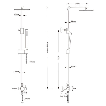 Saliscendi doccia quadrato con doccetta e soffione 30x30 inox - JULIE