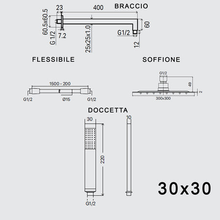 Set doccia braccio soffione e doccetta in ottone cromato