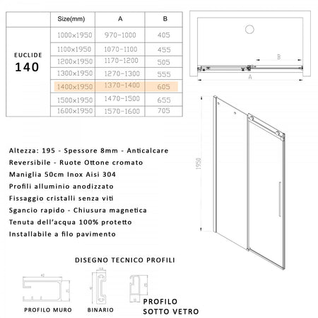 Porta doccia scorrevole fumè anticalcare 195h 8mm EUCLIDE