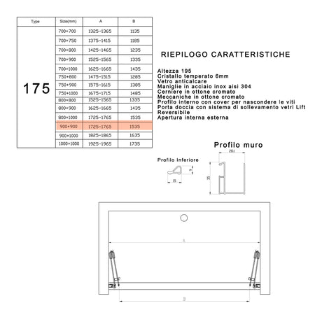 Porta doccia pieghevole ingresso centrale H195cm 6mm REA