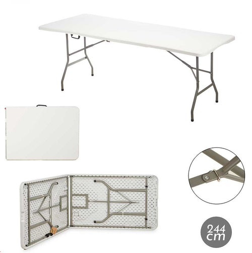 Tavolo Pieghevole in Resina HDPE 244x76 H74cm Richiudibile Salvaspazio Bianco