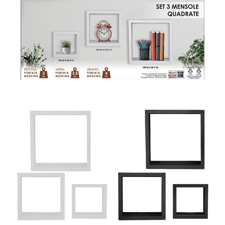 Kit 3 Mensole Cubo da Parete in Legno 30x30 27x27 24x24 cm colore Nero