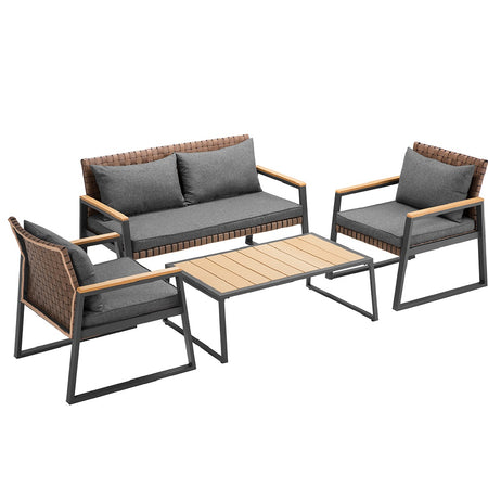Set da Giardino 4pz Salotto Poltrone Tavolino Metallo e Polyrattan con Cuscini
