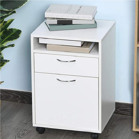 Cassettiera Ufficio Scrivania Legno MDF 1 Cassetto 1 Anta 4 Ruote 40x35x60cm Bianco