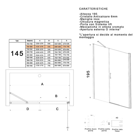 Porta doccia battente 6mm h195 anticalcare SALEMA