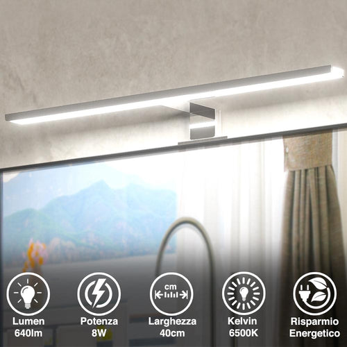 Faretto Led per Specchio da Bagno Alluminio 40cm Luce LED 8W 6500K 640lm Bianco Freddo
