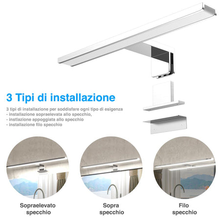 Faretto Led per Specchio da Bagno Alluminio 30cm Luce LED 6W 6500K 480lm Bianco Freddo