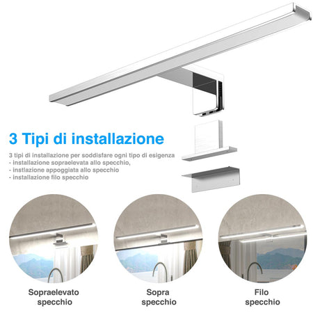 Faretto Led per Specchio da Bagno Alluminio 40cm Luce LED 8W 6500K 640lm Bianco Freddo