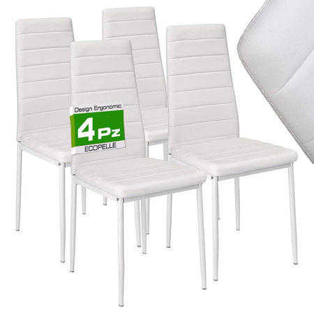 Sedia Moderna 4pz Metallo Verniciato Pelle Ecologica Sala Pranzo Cucina Bianco